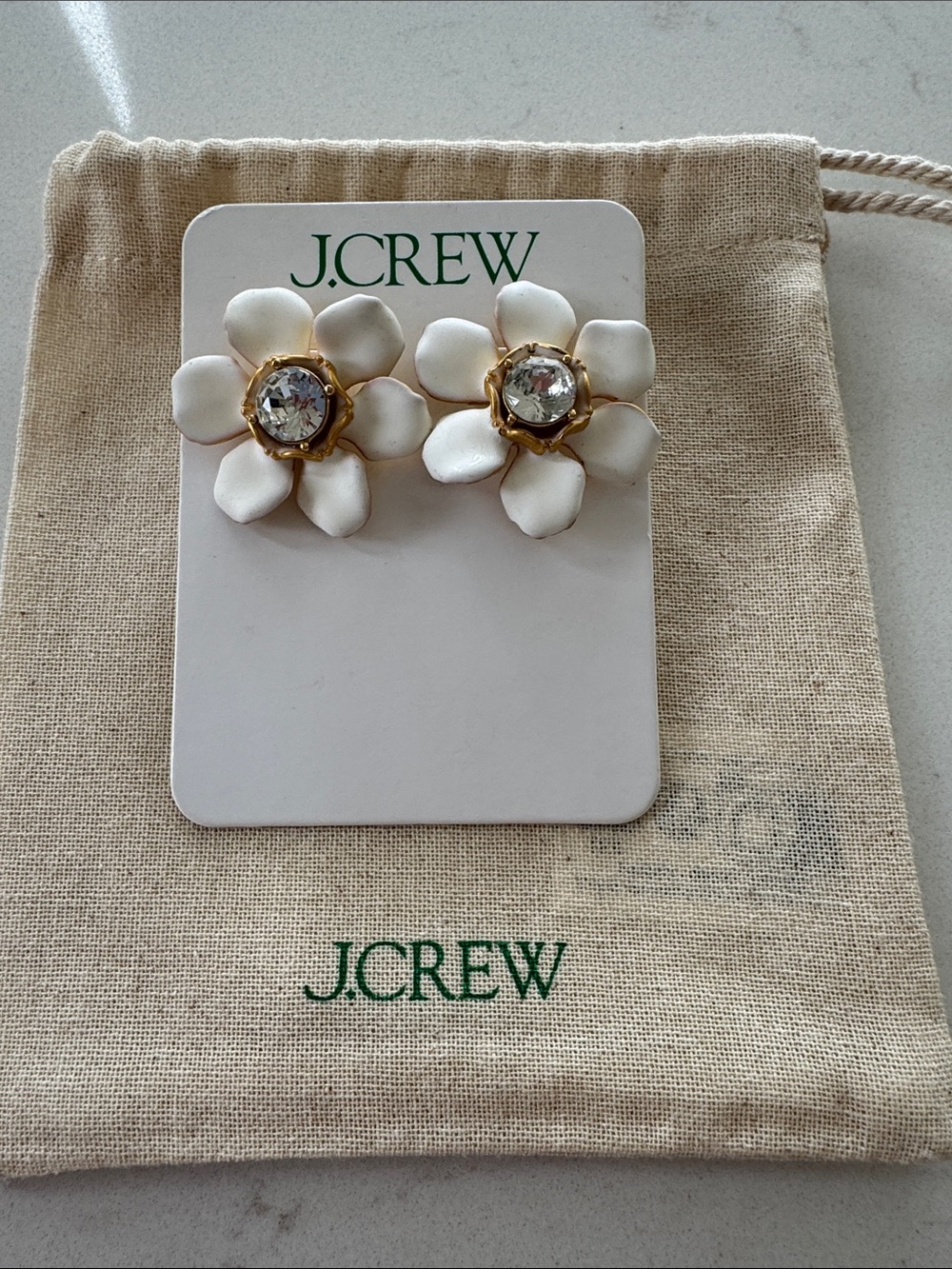 J. Crew White Floral Crystal Center Stud Earrings with Gold Accents NWT ✨